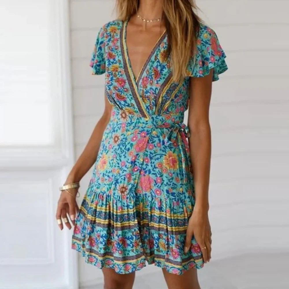 Boho Floral Print Teal Mini Wrap Dress Medium - Picture 2 of 6